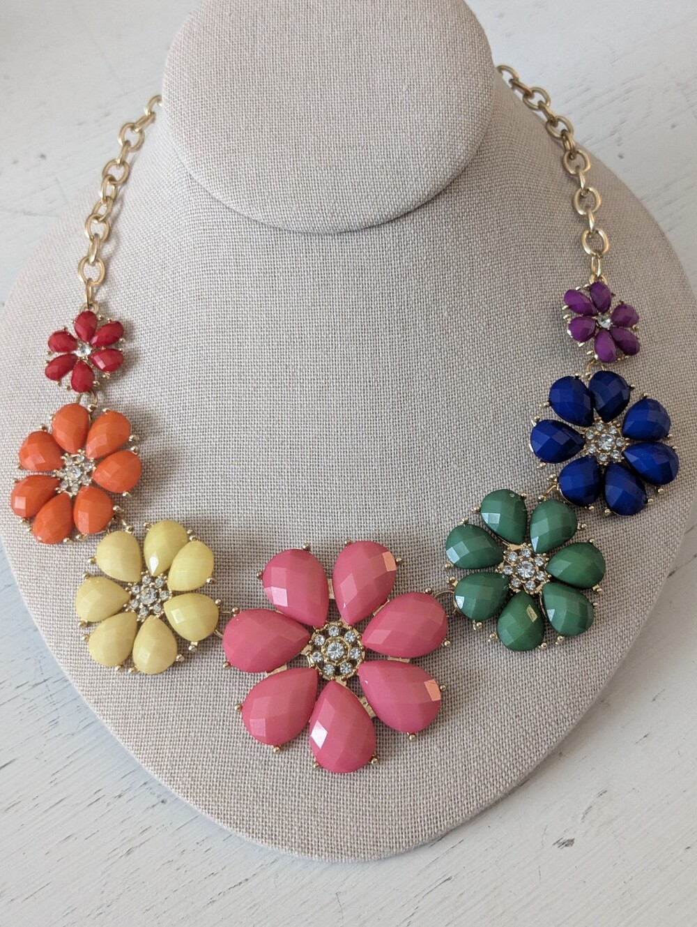Colorful Floral Statement Necklace | Gold Tone Rhinestone Bib Necklace